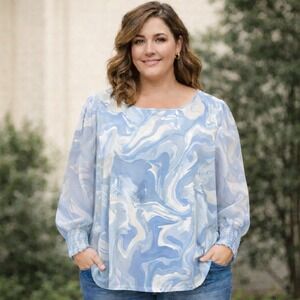 Susan Graver Liquid Knit Marble Swirl Print Top 1X Blue Sheer Chiffon Sleeves